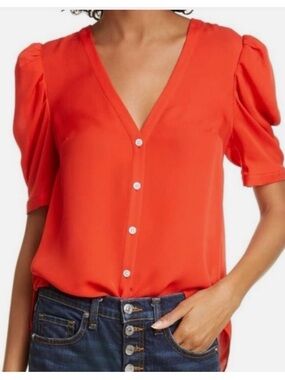 Veronica Beard Button-Front V-Neck Puff Sleeve Top in Poppy